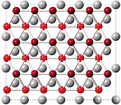 ボロフェンの銀の表面における構造（赤色と朱色はホウ素原子の起伏を示す）