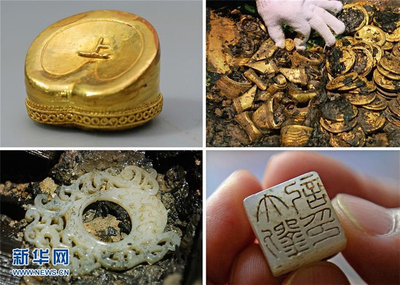 海昏侯墓から出土した馬蹄金、金餅（金の円形の延べ板）、玉製の装身具、亀形玉印。