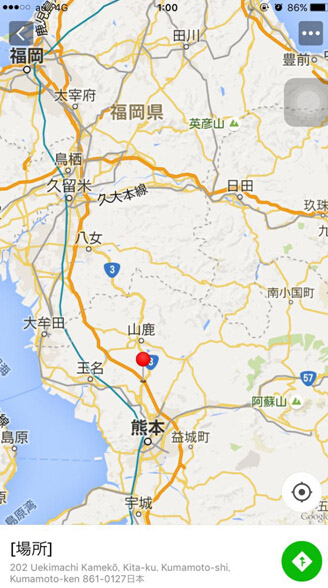 21日午前1時時点での一行の位置。すでに熊本市内かなり近づいていた。