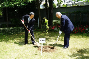 程永華駐日大使と村山元首相が友情の木を植える