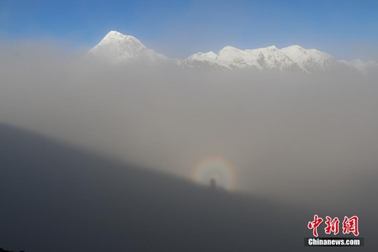 四川省ミニヤコンカの主峰の雲海に珍しい御来迎