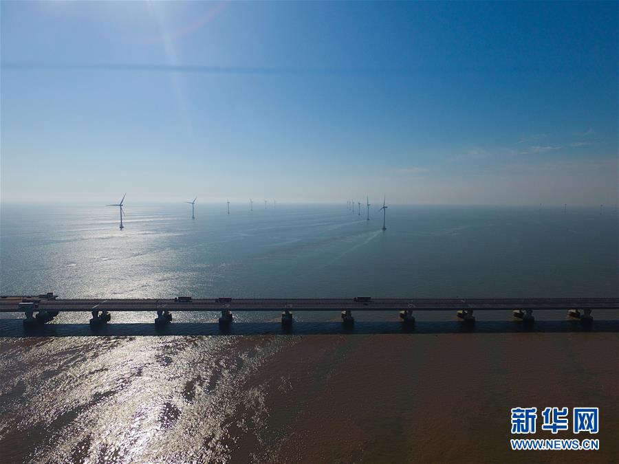 海上に立ち並ぶタービン　上海の東海大橋海上風力発電所