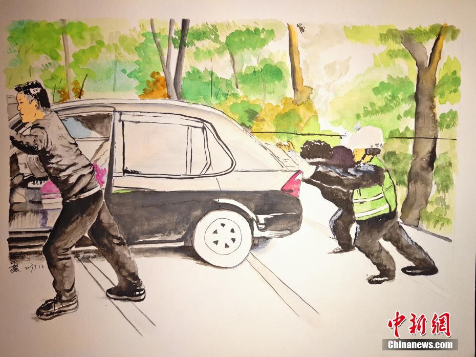 長沙の交通警察官、勤務の様子を手描きのイラストで記録