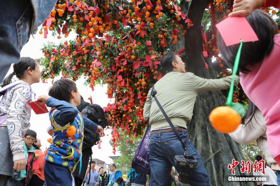 願いを込めた札を木に向かって投げる「許願樹」イベント　香港地区