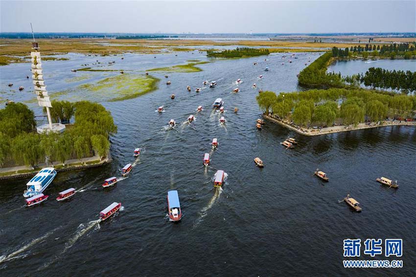 ドローンで撮影した遊覧船に乗って白洋淀の景色を楽しむ観光客たち（4月30日、撮影・沈伯韓）。