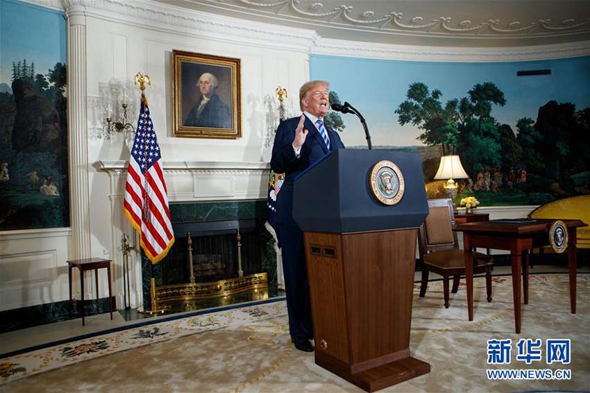 ワシントンのホワイトハウスでスピーチをするトランプ大統領（5月8日、撮影・沈霆）。