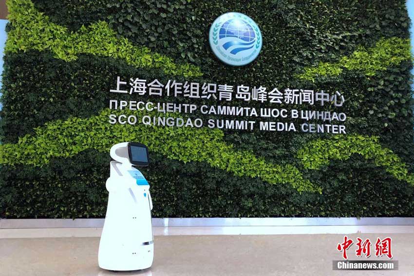 青島サミットのメディアセンターに各種スマートロボットが配置