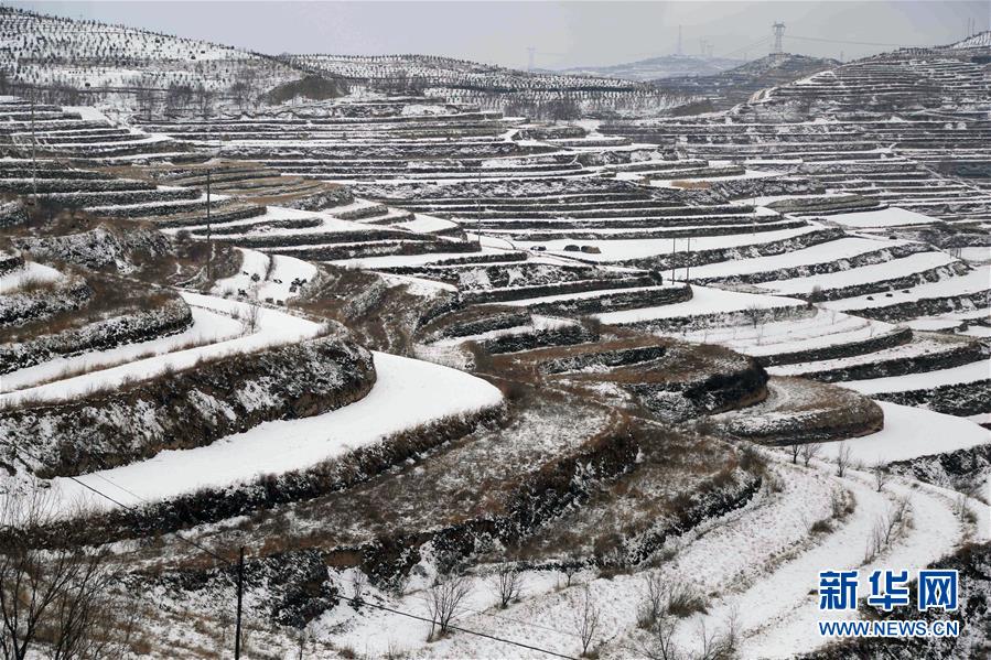 棚田を覆う雪が織りなす美しいモノクロの風景　甘粛省定西