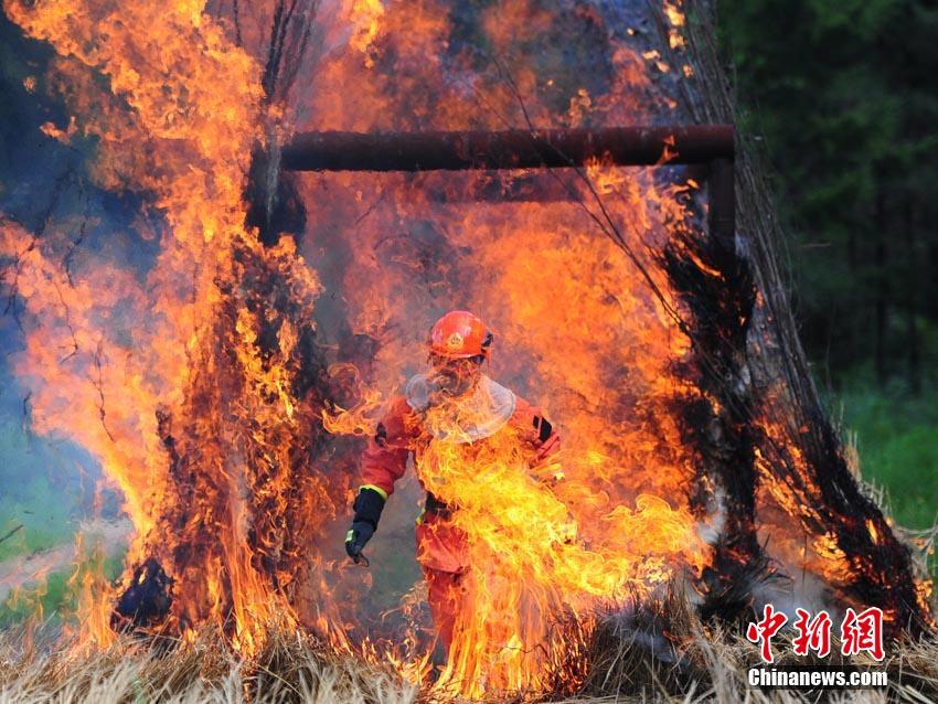 火災現場での心理行動訓練を行う森林消防隊員（撮影・劉棟）。