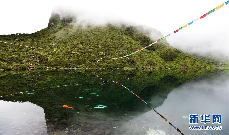 鏡のような湖面に緑の山が映り込む神秘の朗吉錯湖　 西蔵自治区