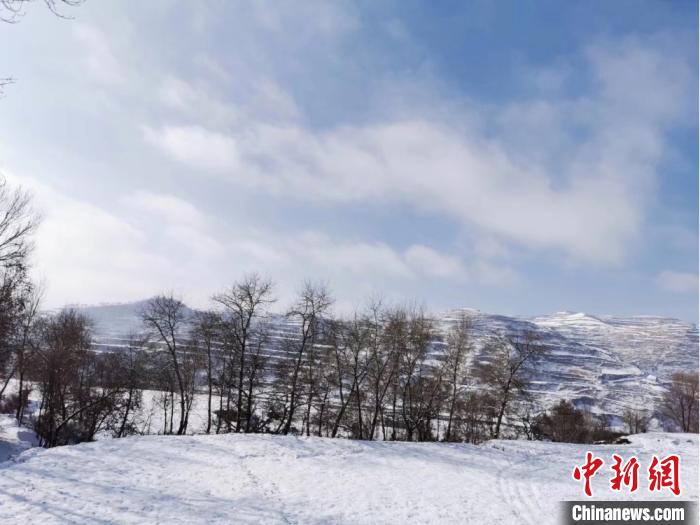 甘粛省の各地で連日雪が降り、白く染まった大地と白い雲とが織りなす「天地一色」の光景（撮影・鐘欣）。