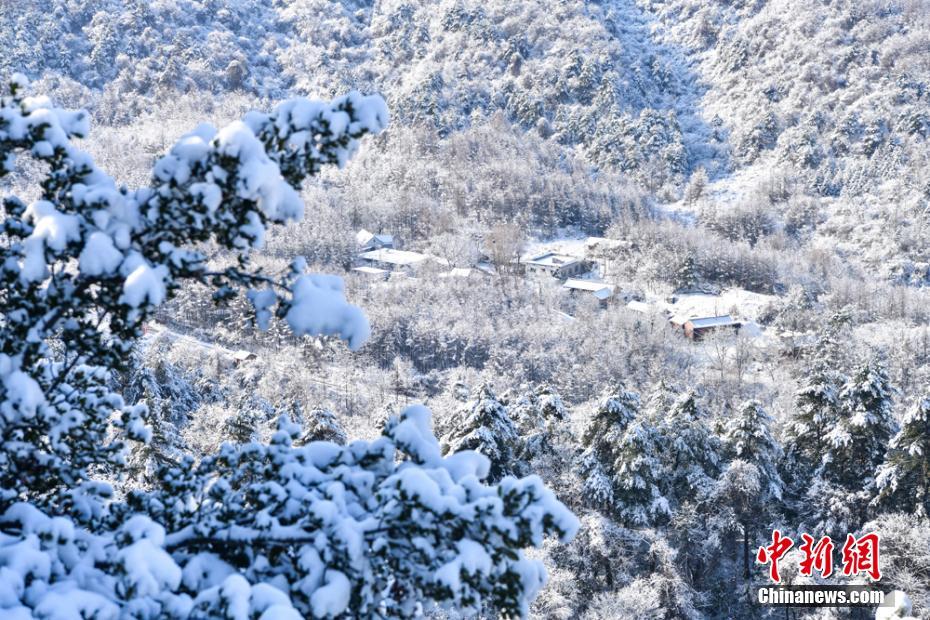 冬の麦積山大景勝地、そびえたつ孤峰に雪化粧　甘粛省