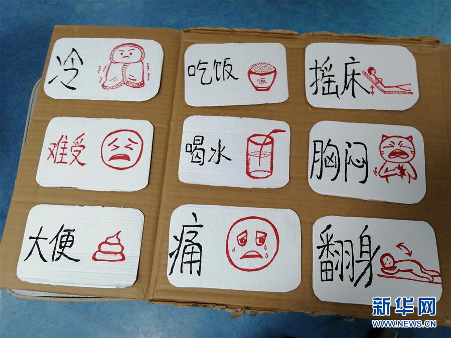 江西省人民病院から第1陣として武漢支援に入った看護師の陳鈺浠さんが手作りした「看護要望ボード」（2月24日撮影、提供・江西省人民病院）。