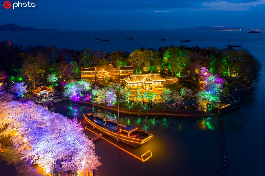 ライトアップされた幻想的な美しさで人々を魅了！江蘇無錫市太湖の夜桜