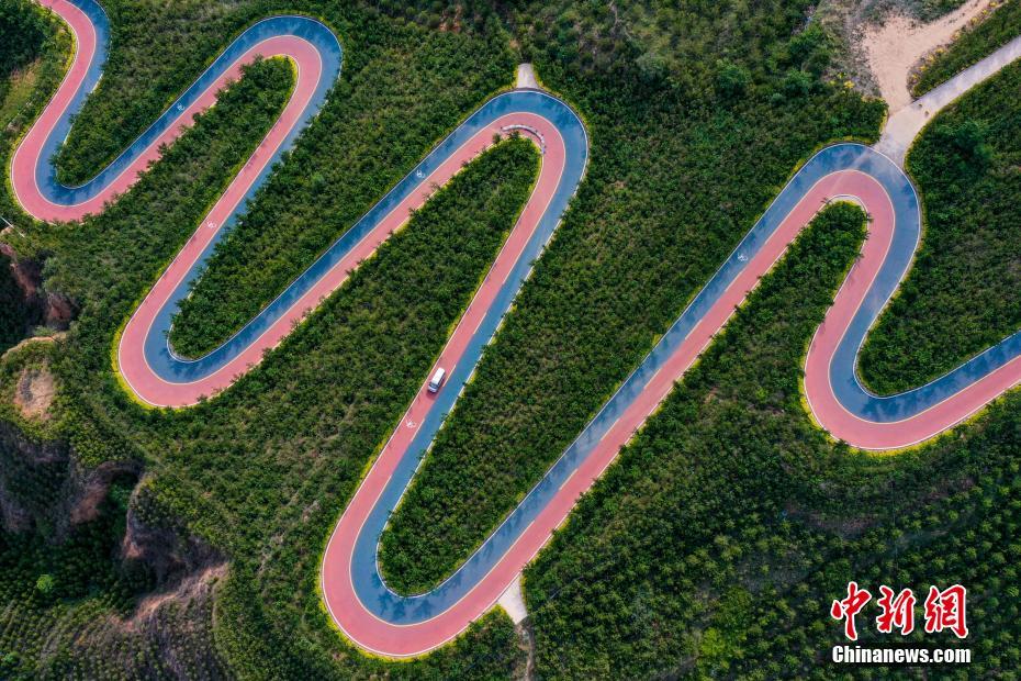 上空から撮影した玉泉山森林公園の「虹の道路」（6月29日撮影・武俊傑）。