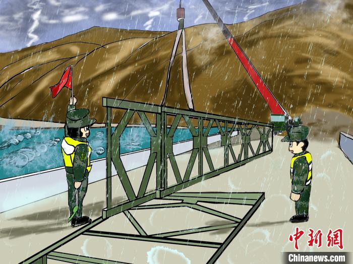 勇敢に洪水救援活動する武装警官たちの姿描いたイラスト