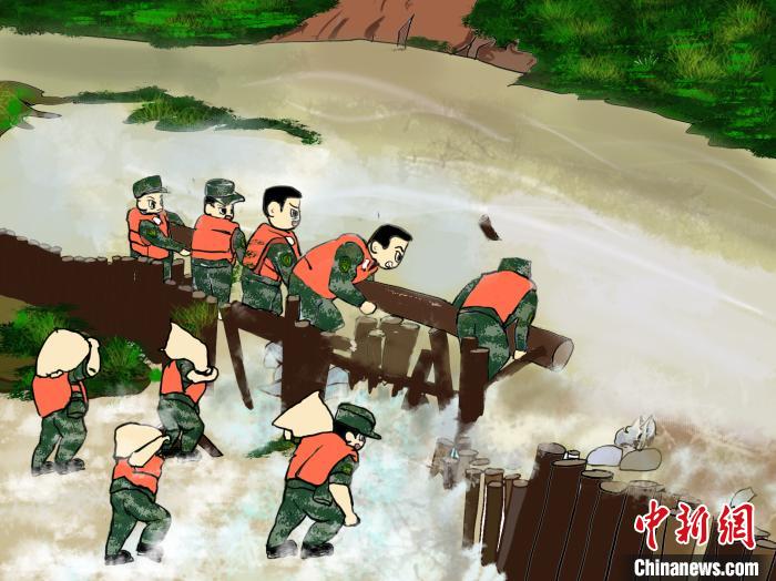 勇敢に洪水救援活動する武装警官たちの姿描いたイラスト
