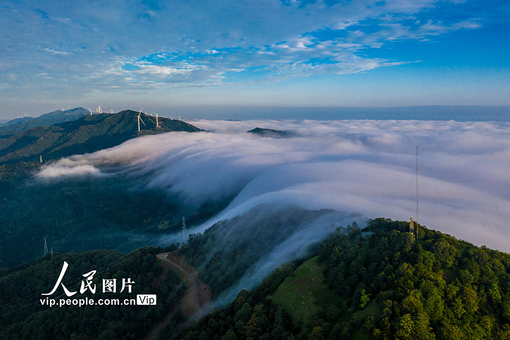 雲海の「波間」から見え隠れする風力発電機　河南省三門峡