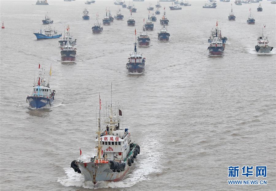 9月16日昼ごろ、浙江省舟山市沈家門漁港から出航する漁船（撮影・陳永建）。