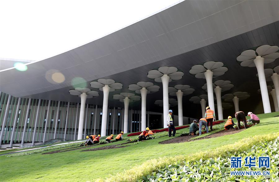 開幕控え花壇の装飾始まる中国国際輸入博覧会会場の上海コンベンション・センター