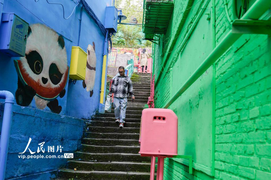 古いコミュニティをカラフルに塗装！パンダや恐竜のイラストも　重慶北碚