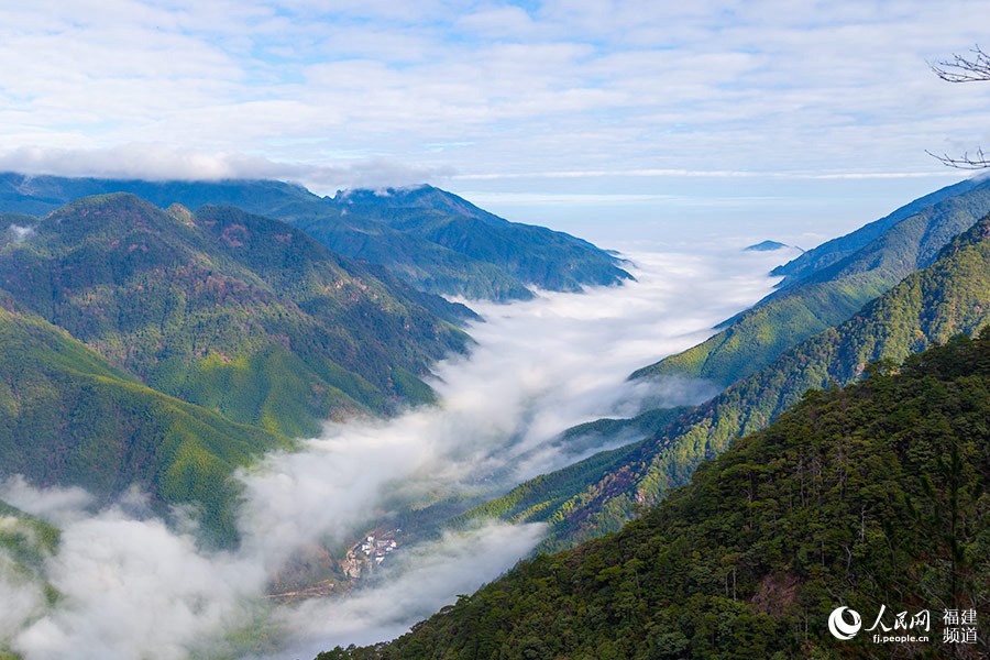 武夷断層地帯の峡谷にたなびく雲霧（撮影・焦艶）。