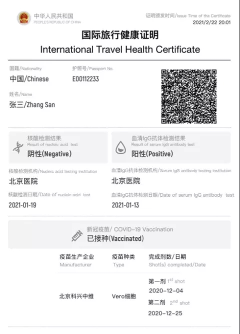 プリントアウトした中国版「国際旅行健康証明」サンプル（注・ワクチン接種関連データは準備中）