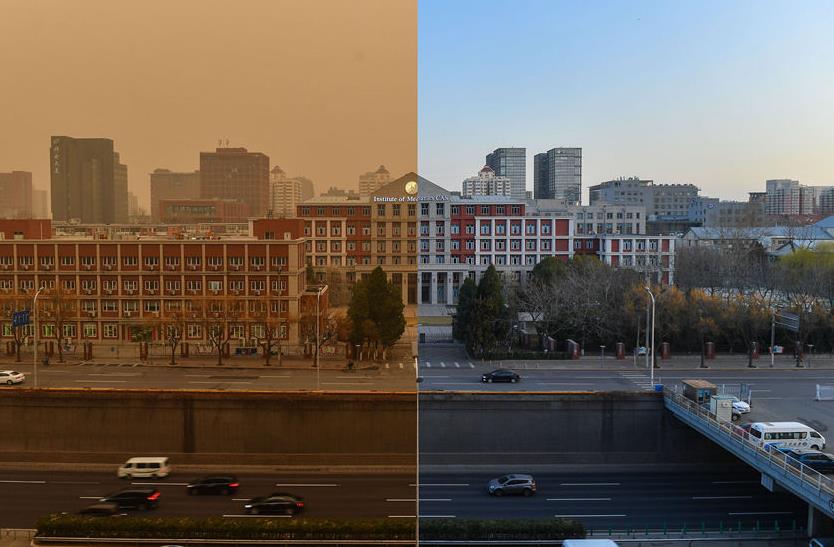 北京北四環中関村エリアの同一地点で撮影された、黄砂襲来のビフォーアフター写真（写真左は5日朝、写真右は6日朝、写真著作権は人民視覚が所有のため転載禁止）。