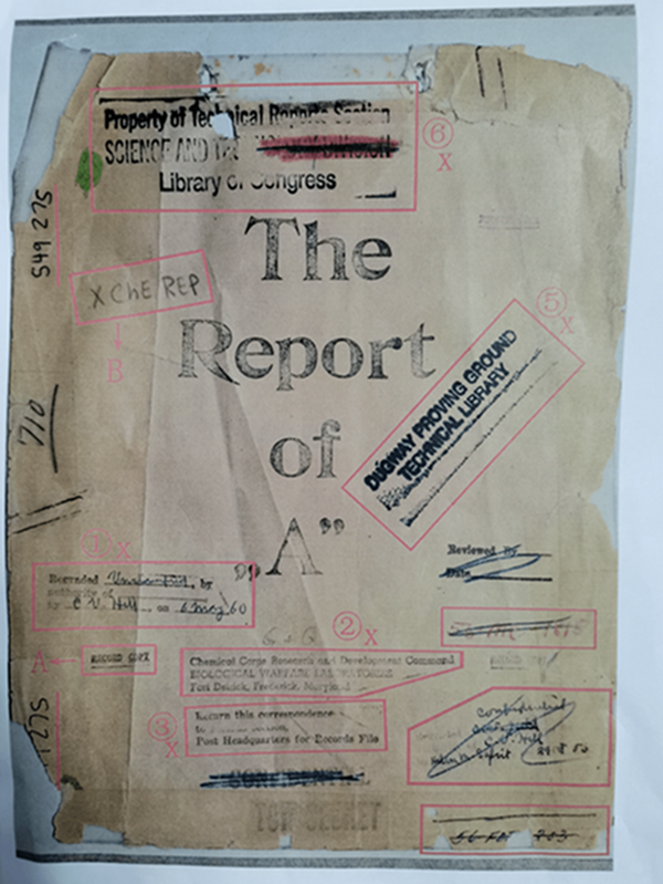 731部隊の炭疽菌人体実験報告書の表紙にはフォート・デトリックの字がある（撮影・王建）