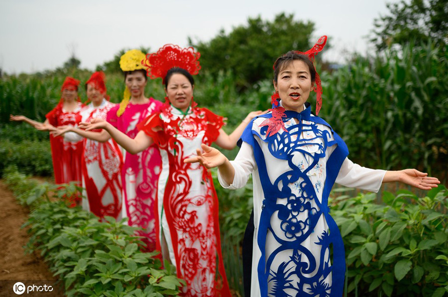 山西省太原市の畑で20日、「切り紙チャイナドレス」を披露したチャイナドレス好きな女性たち（写真著作権は東方ICが所有のため転載禁止）。
