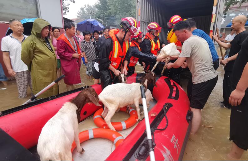 豪雨の中、奮闘する救援部隊の人々　河南省