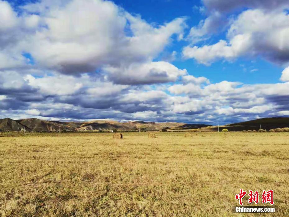 天高く白雲浮かぶ初秋のフルンボイル草原　内モンゴル