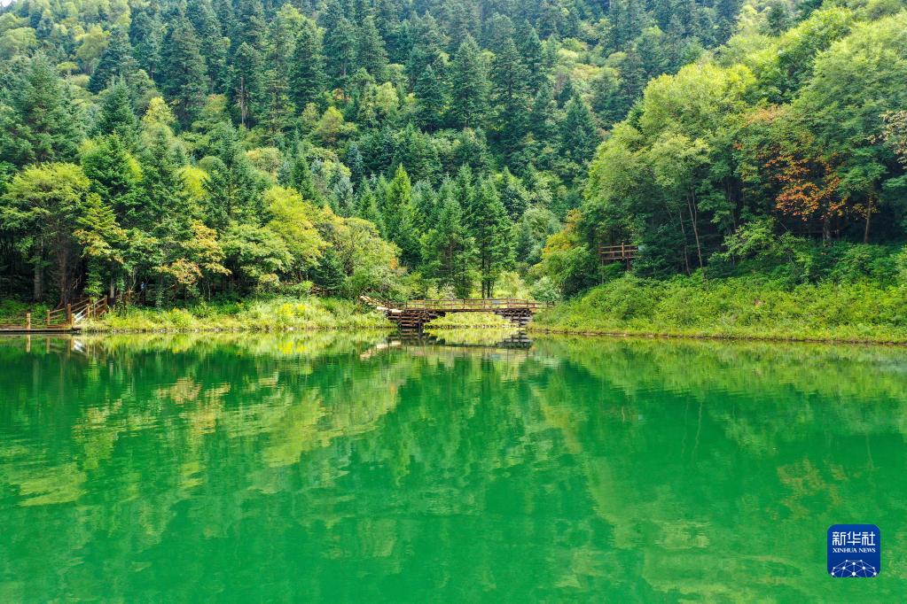 湖水の青と山の緑が引き立て合う官鵝溝　甘粛省