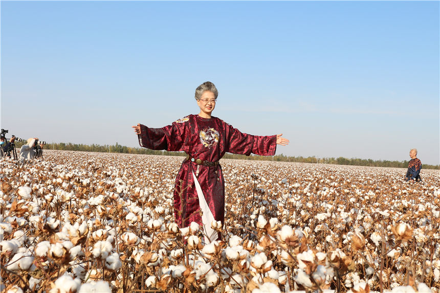 綿花畑でファッションショー　新疆