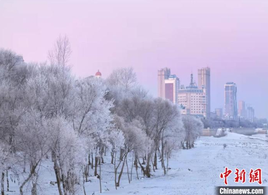 中ロ国境河畔に霧氷の美しい風景　黒竜江省黒河
