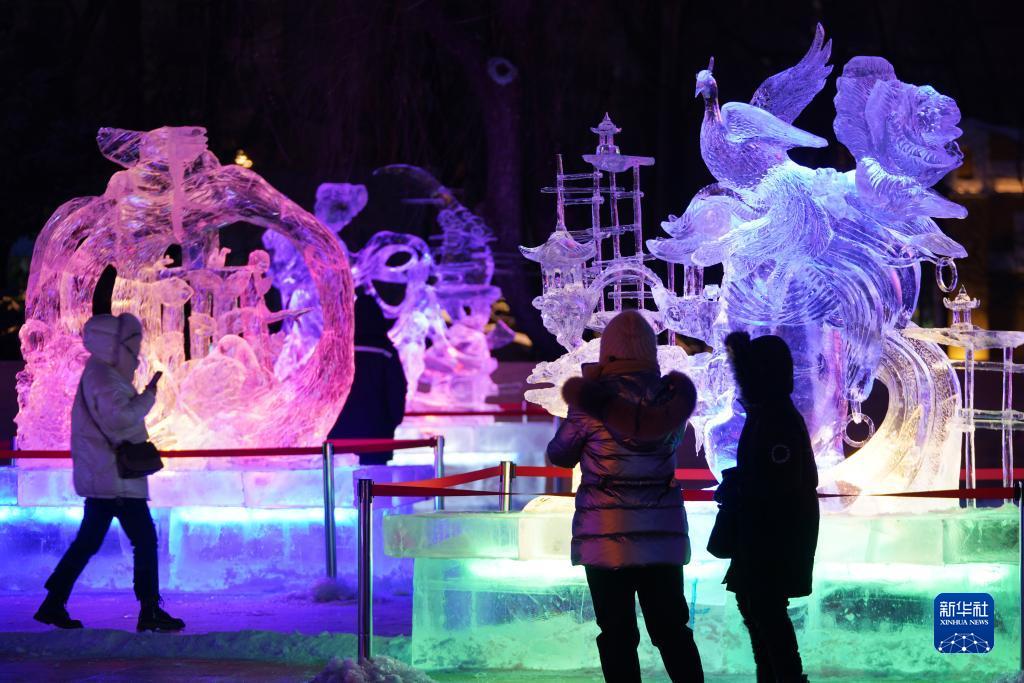 ハルビン氷灯芸術園遊会の会場で、氷像を鑑賞する観光客（1月8日撮影・王建威）。