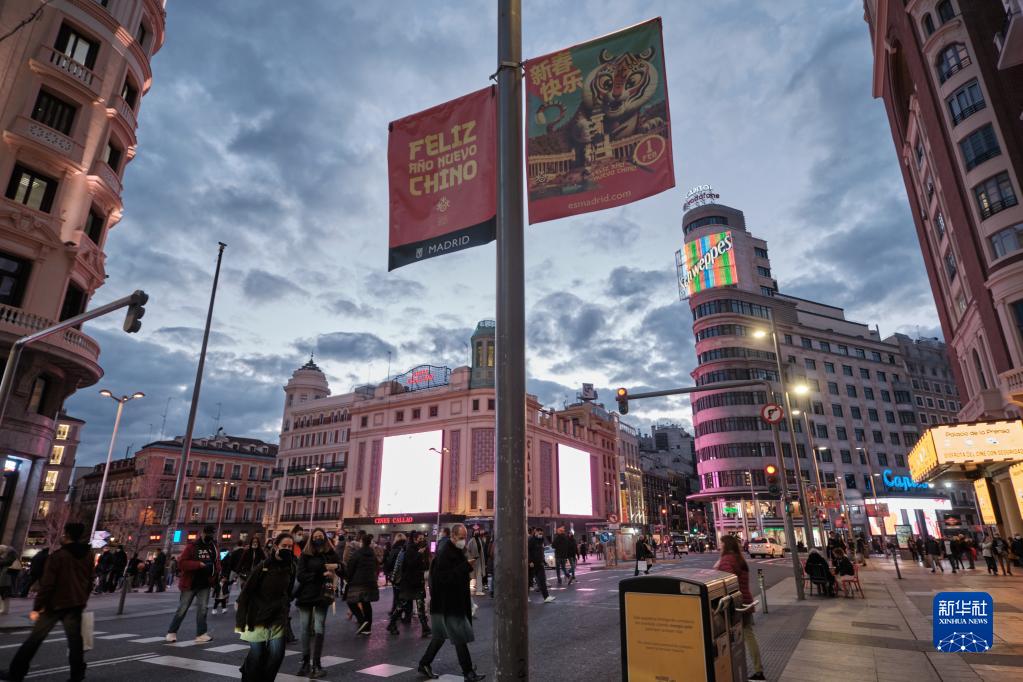 「トラ」モチーフの街路灯フラッグで飾りつけられたスペイン・マドリード