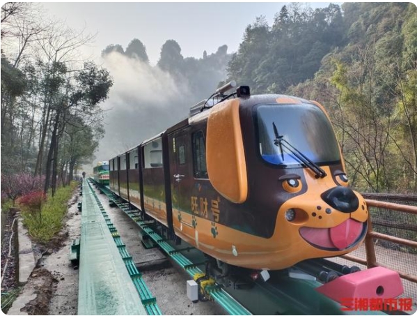 湖南省張家界十里画廊で運行が始まった「十二支」観光電車（3月7日撮影）。
