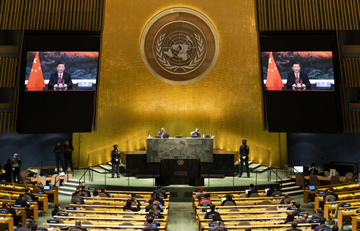 第76回国連総会でビデオ演説を行う中国の習近平国家主席（写真は国連ウェブサイトより）。