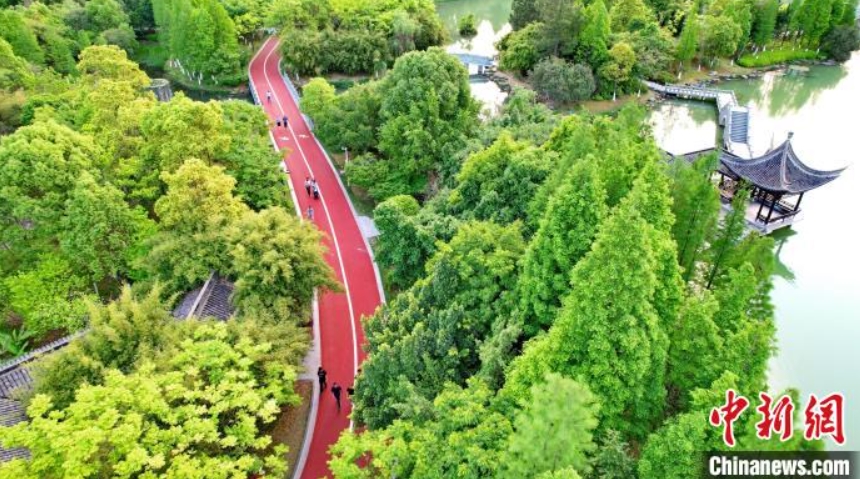 上空から撮影した自然豊かな都市湿地公園　江西省贛州