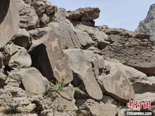 寧夏回族自治区石嘴山市で見つかった、馬と鹿の図案を中心とする30数枚の岩画。写真は取材先が提供