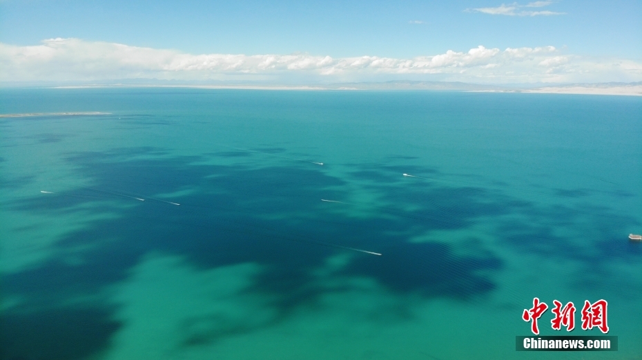 上空から見た青海湖（ドローンで撮影・ 李江寧）。