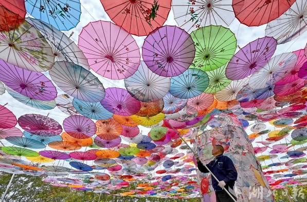 チューリップテーマパークで人気集める「空に広がる傘」　湖北省武漢