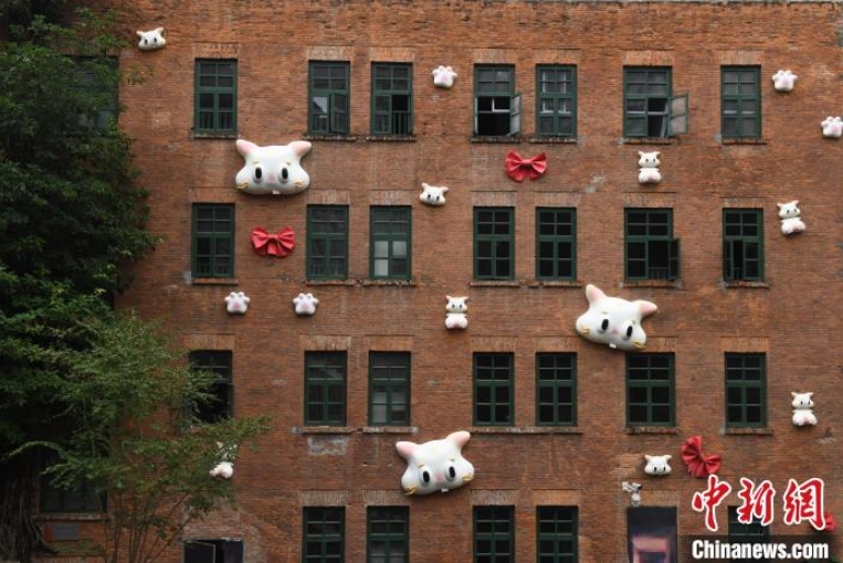 重慶市のある建物の外壁に施された猫とリボンのデコレーション（撮影・周毅）。