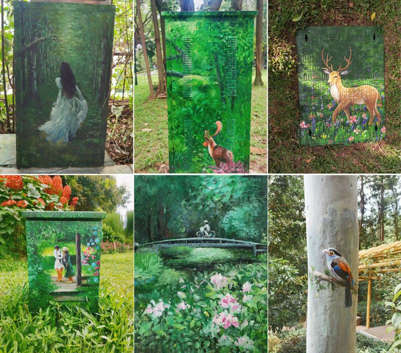 李平さんが深セン蓮花山公園などの公園の配電箱や木に描いた絵（撮影・毛思倩）。