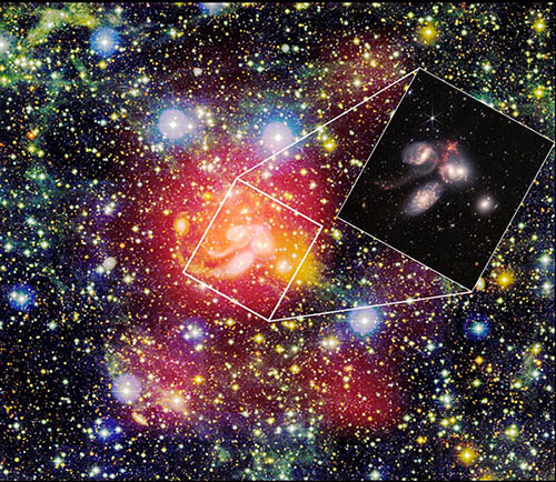 FASTが探査した有名なコンパクト銀河群「ステファンの五つ子銀河」の周辺の原子ガスの分布。（画像提供は国家天文台）