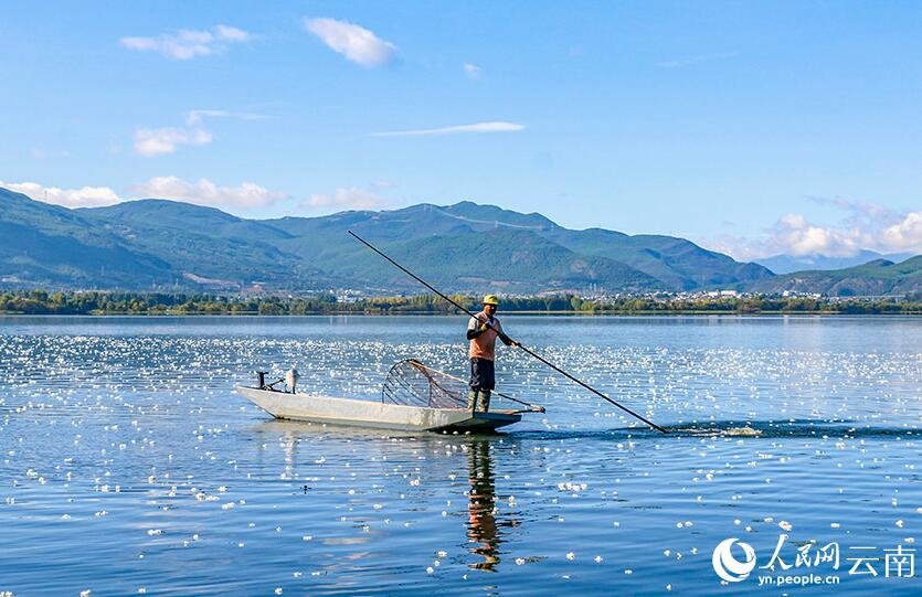 剣湖で漁をする漁民（撮影・張望星）。