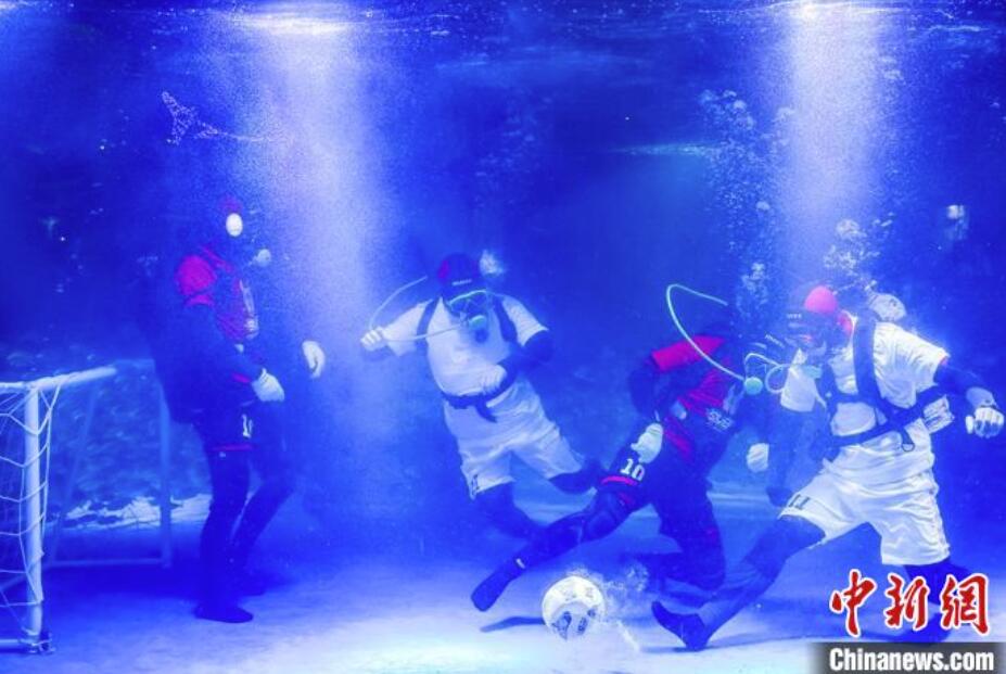 南京海底世界で行われた「水中サッカー」の試合（撮影・泱波）