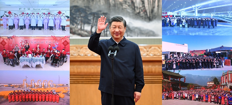 18日に北京で、オンラインでさまざまな分野の現場の幹部・大衆を慰労し、全国各民族の人民に新春の挨拶を伝える習近平総書記。