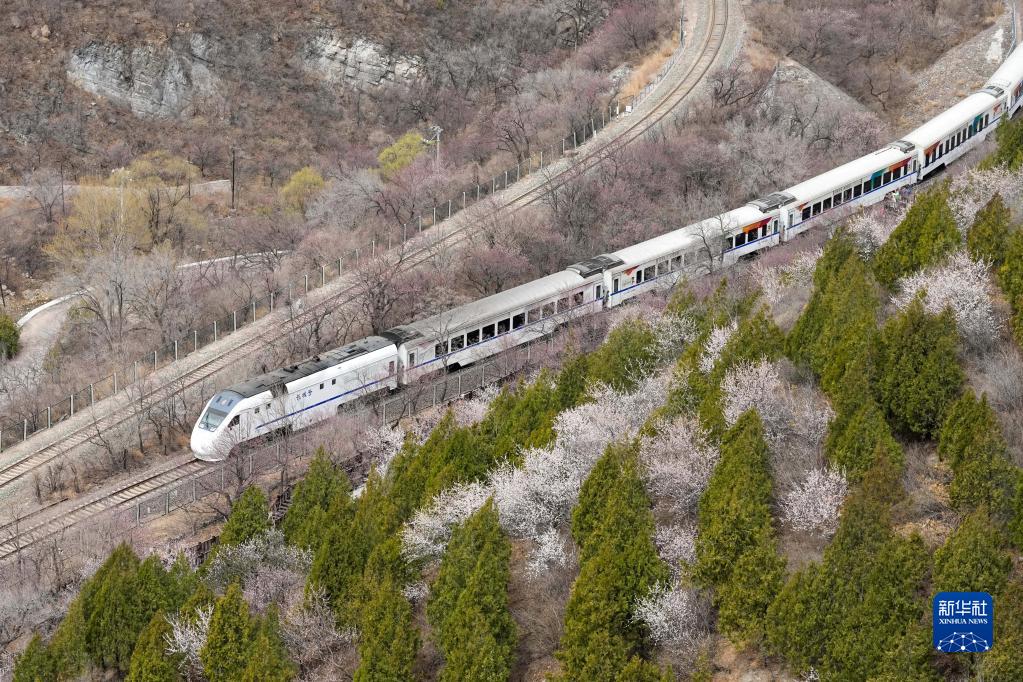 長城の「花咲く線路」を走り抜ける列車　北京